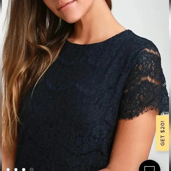 NWT! Lulus Take Me to Brunch Navy Blue Lace Overlay Shift Dress Size L - Picture 2 of 10